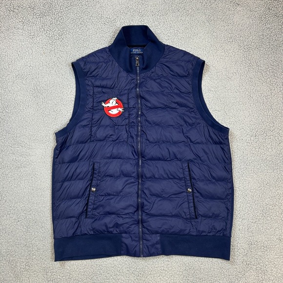 Polo Ralph Lauren Puffer Vest Ghost Busters Logo Navy Blue Pockets Mens Size XL